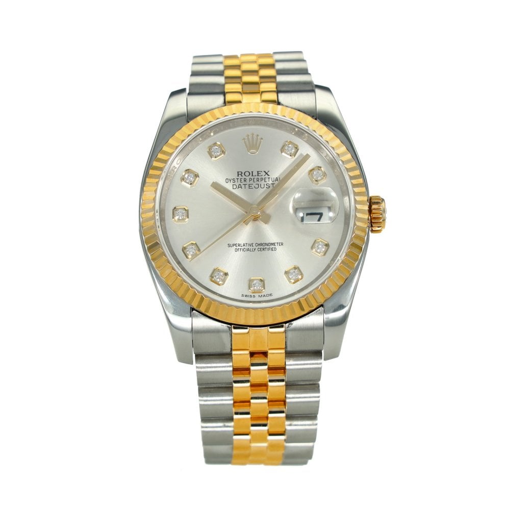 Datejust 116233 – Silver Diamond Dial – Gold Fluted Bezel –2010