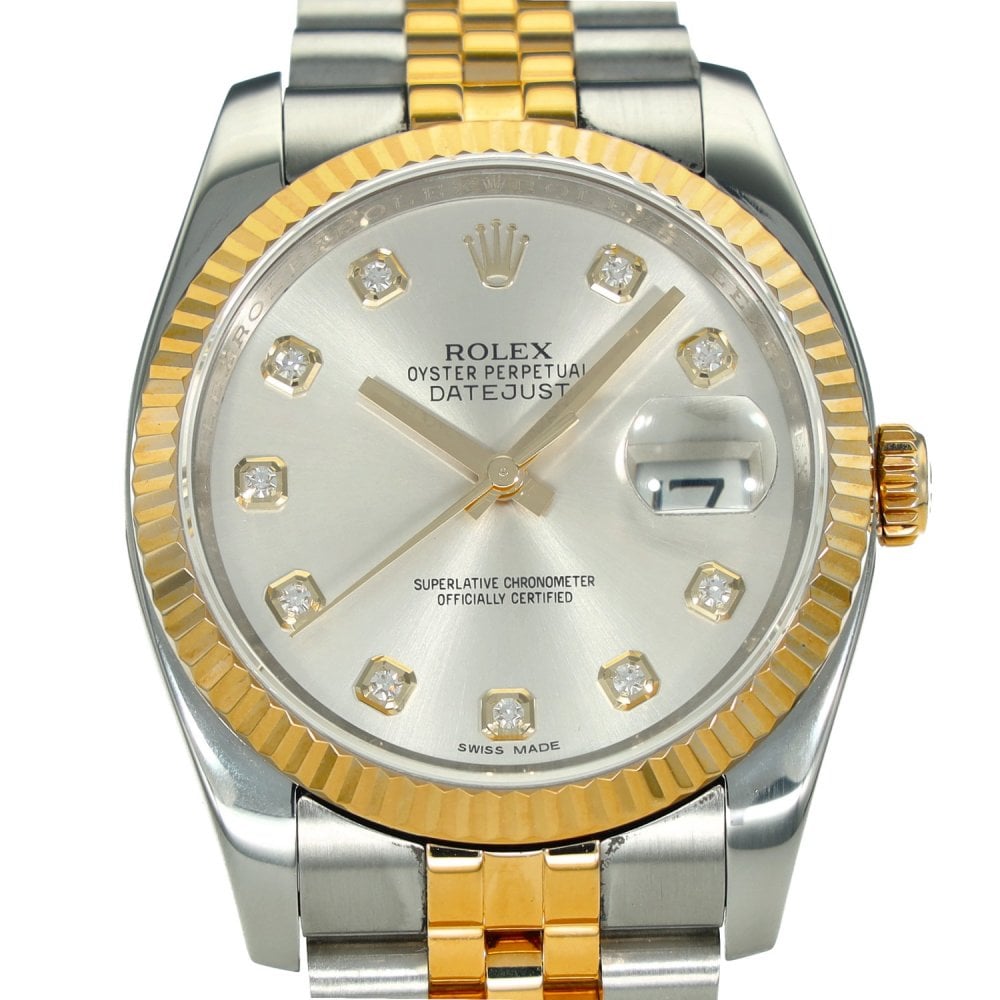 Datejust 116233 – Silver Diamond Dial – Gold Fluted Bezel –2010