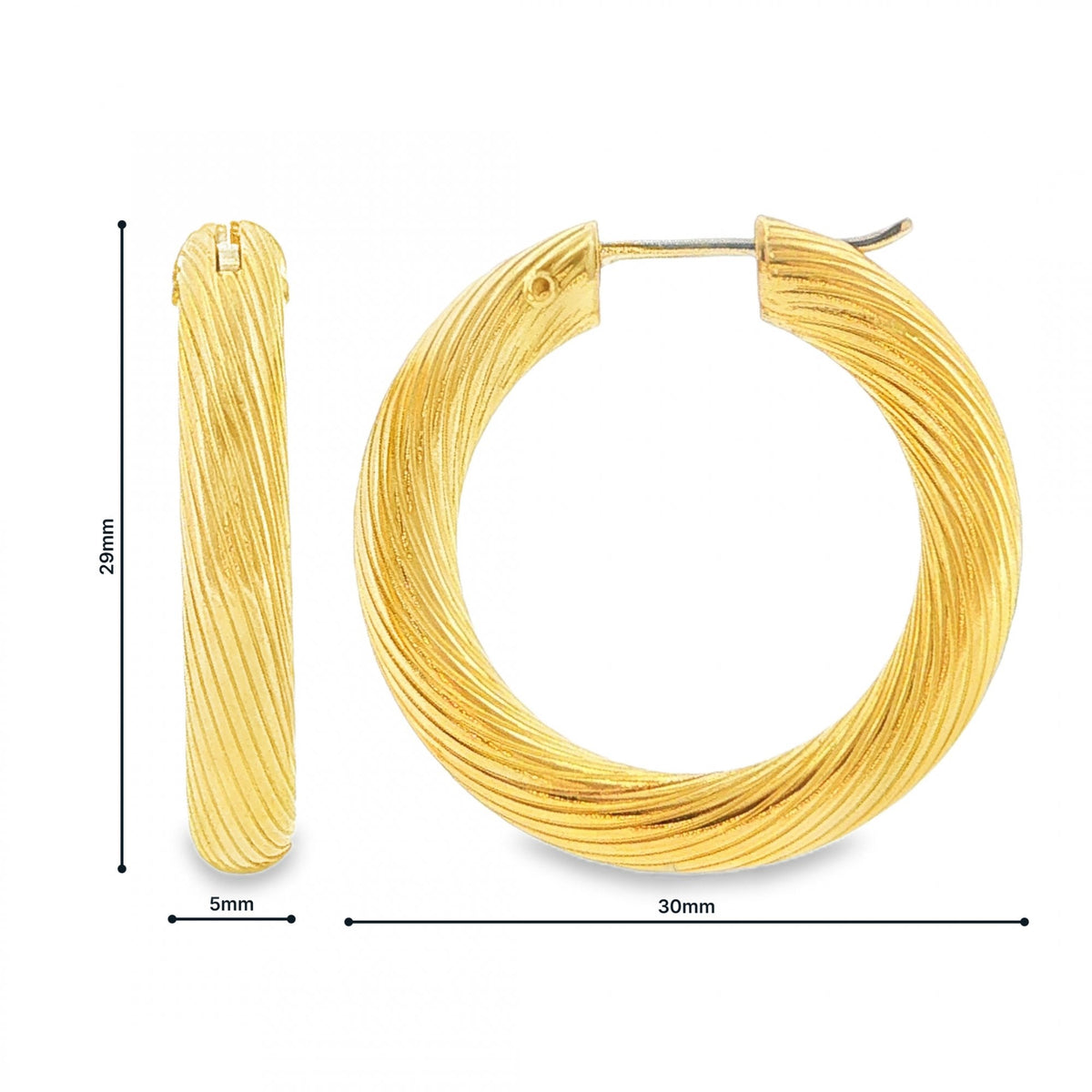 9ct Yellow Gold Twist Tube Hoop Earrings - 5x29x30mm - 5.4g
