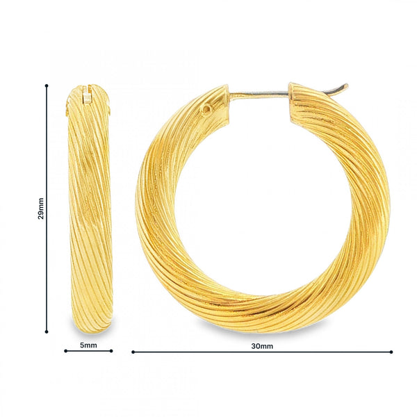 9ct Yellow Gold Twist Tube Hoop Earrings - 5x29x30mm - 5.4g