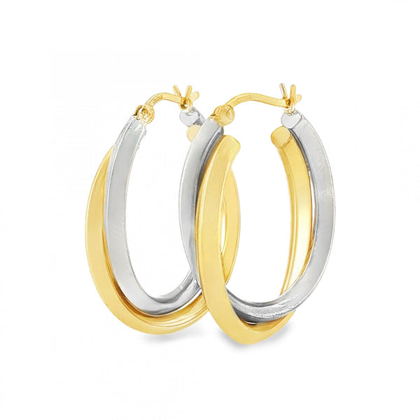 9ct Yellow & White Gold Twist Double Hoop Earrings - 6x27x21mm