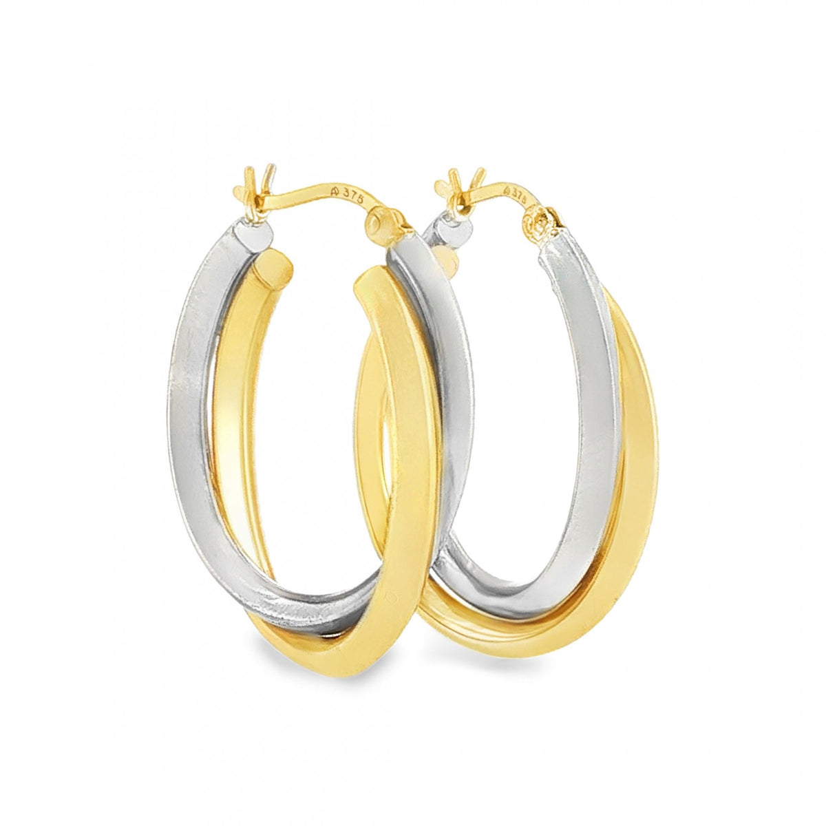9ct Yellow & White Gold Twist Double Hoop Earrings - 6x27x21mm
