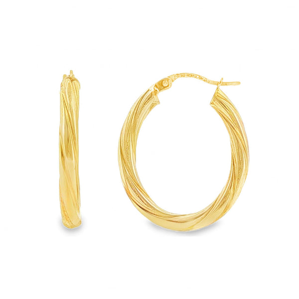 9ct Yellow Gold Twist Patterned Oval Hoop Earrings - 3x25x21mm