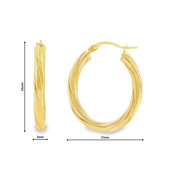9ct Yellow Gold Twist Patterned Oval Hoop Earrings - 3x25x21mm