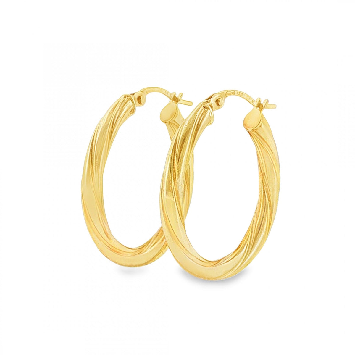 9ct Yellow Gold Twist Patterned Oval Hoop Earrings - 3x25x21mm