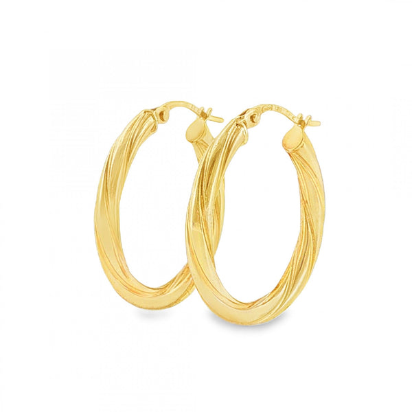 9ct Yellow Gold Twist Patterned Oval Hoop Earrings - 3x25x21mm