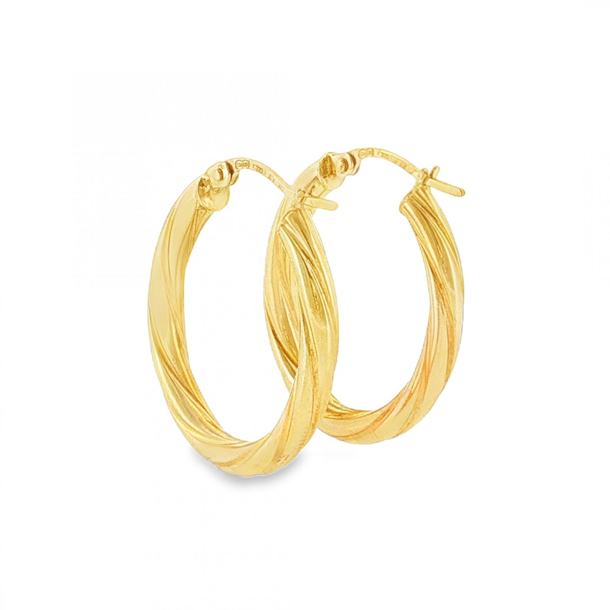 9ct Yellow Gold Twist Patterned Oval Hoop Earrings - 3x25x21mm