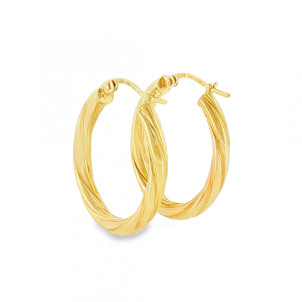 9ct Yellow Gold Twist Patterned Oval Hoop Earrings - 3x25x21mm