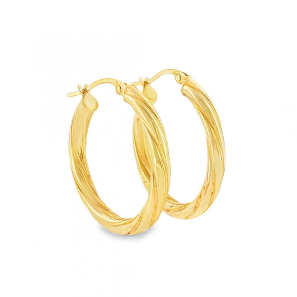 9ct Yellow Gold Twist Patterned Oval Hoop Earrings - 3x25x21mm