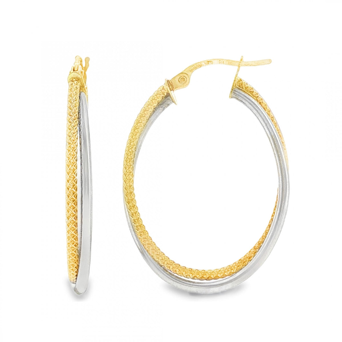 9ct Yellow & White Gold Oval Hoop Earrings - 3x30x22mm - 1.6g