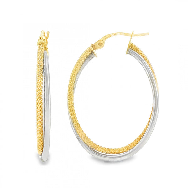 9ct Yellow & White Gold Oval Hoop Earrings - 3x30x22mm - 1.6g