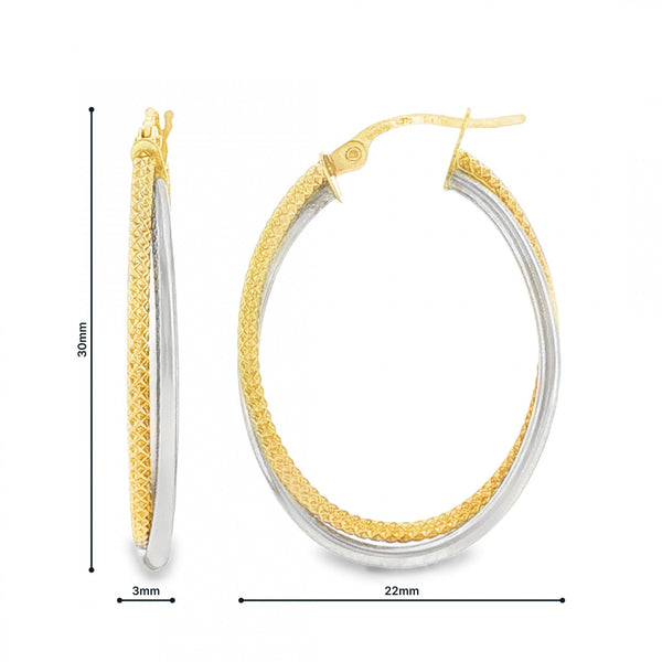 9ct Yellow & White Gold Oval Hoop Earrings - 3x30x22mm - 1.6g