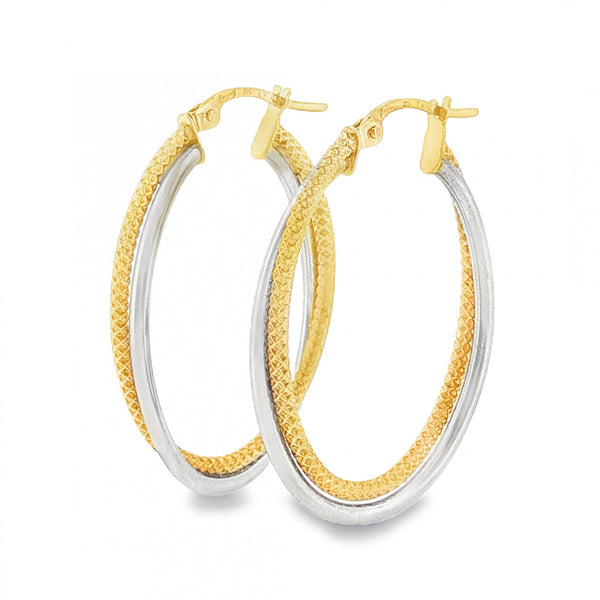 9ct Yellow & White Gold Oval Hoop Earrings - 3x30x22mm - 1.6g