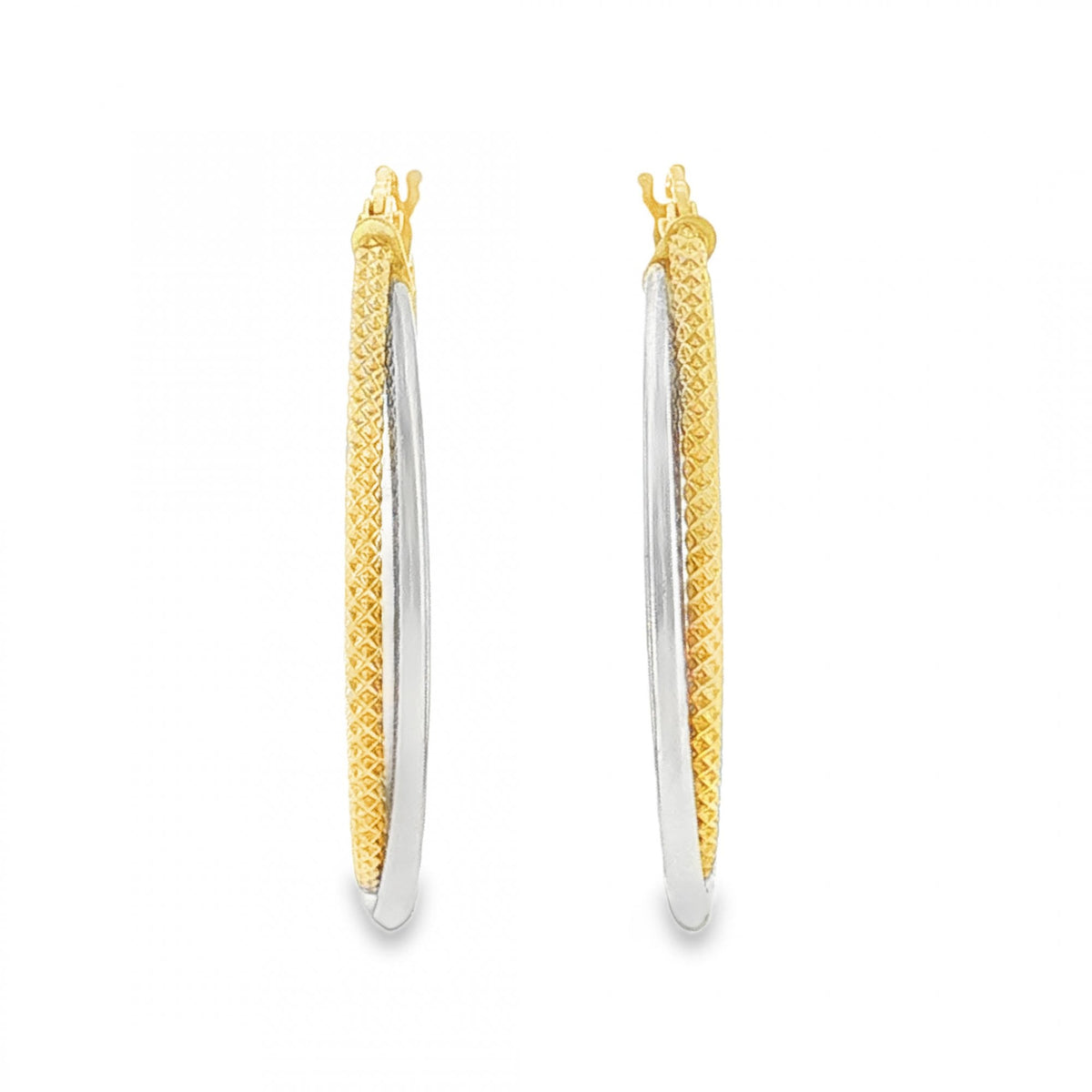 9ct Yellow & White Gold Oval Hoop Earrings - 3x30x22mm - 1.6g