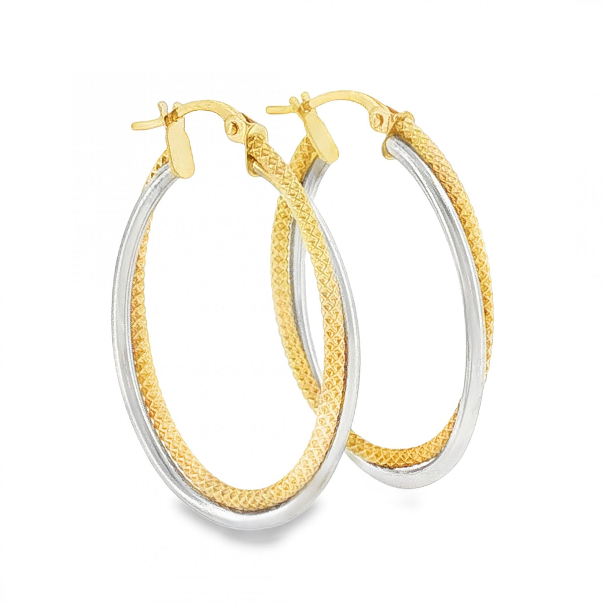 9ct Yellow & White Gold Oval Hoop Earrings - 3x30x22mm - 1.6g