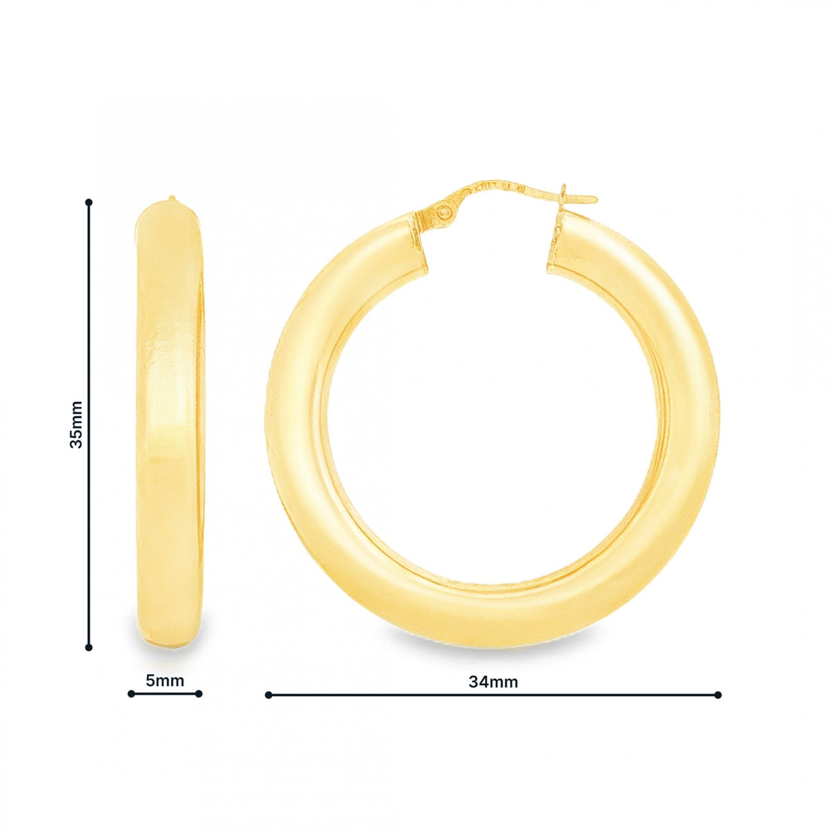 9ct Yellow Gold Large Tube Hoop Earrings - 5x35x34mm - 4.7g