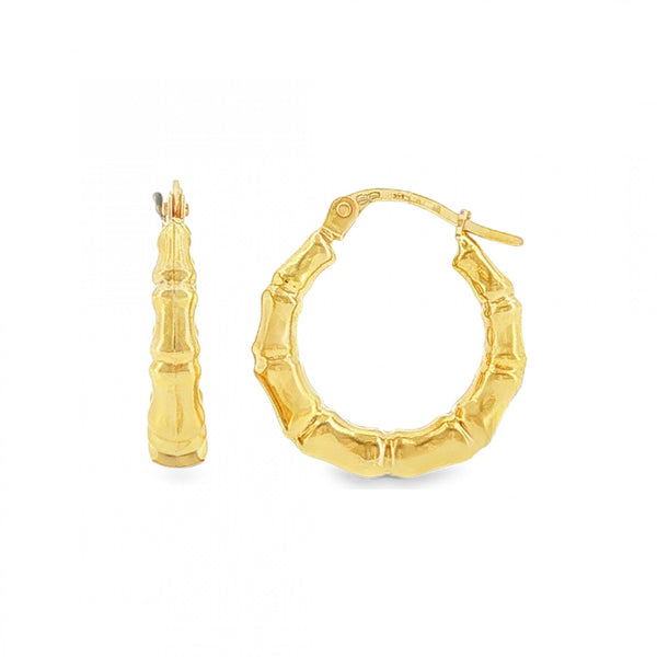 9ct Yellow Gold Bamboo Hoop Earrings - 4x19x18mm - 1.4g