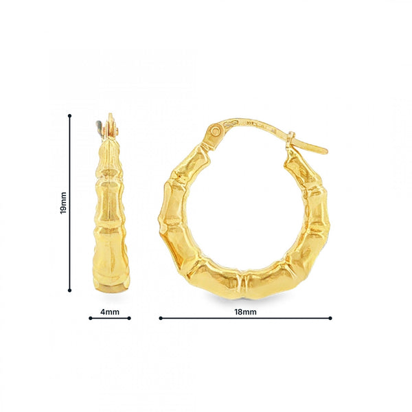 9ct Yellow Gold Bamboo Hoop Earrings - 4x19x18mm - 1.4g