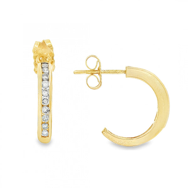9ct Yellow Gold Diamond Half Hoop Earrings - 2.5x14x12mm -0.20ct