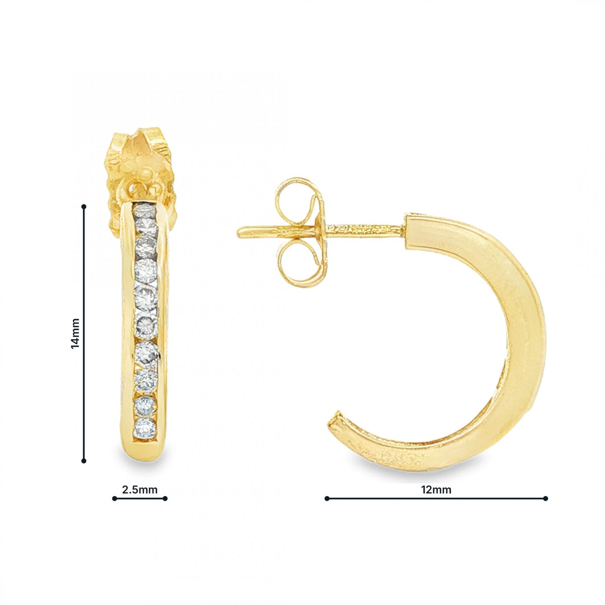 9ct Yellow Gold Diamond Half Hoop Earrings - 2.5x14x12mm -0.20ct