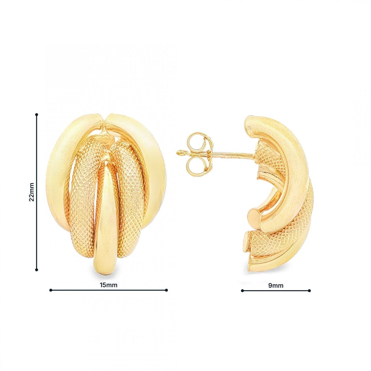 9ct Yellow Gold Half Hoop Stud Earrings - 15x22x9mm - 3.2g