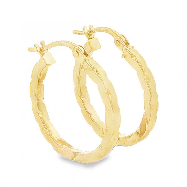 9ct Yellow Gold Square-Tube Twist Hoop Earrings -2x20x19mm -1.6g