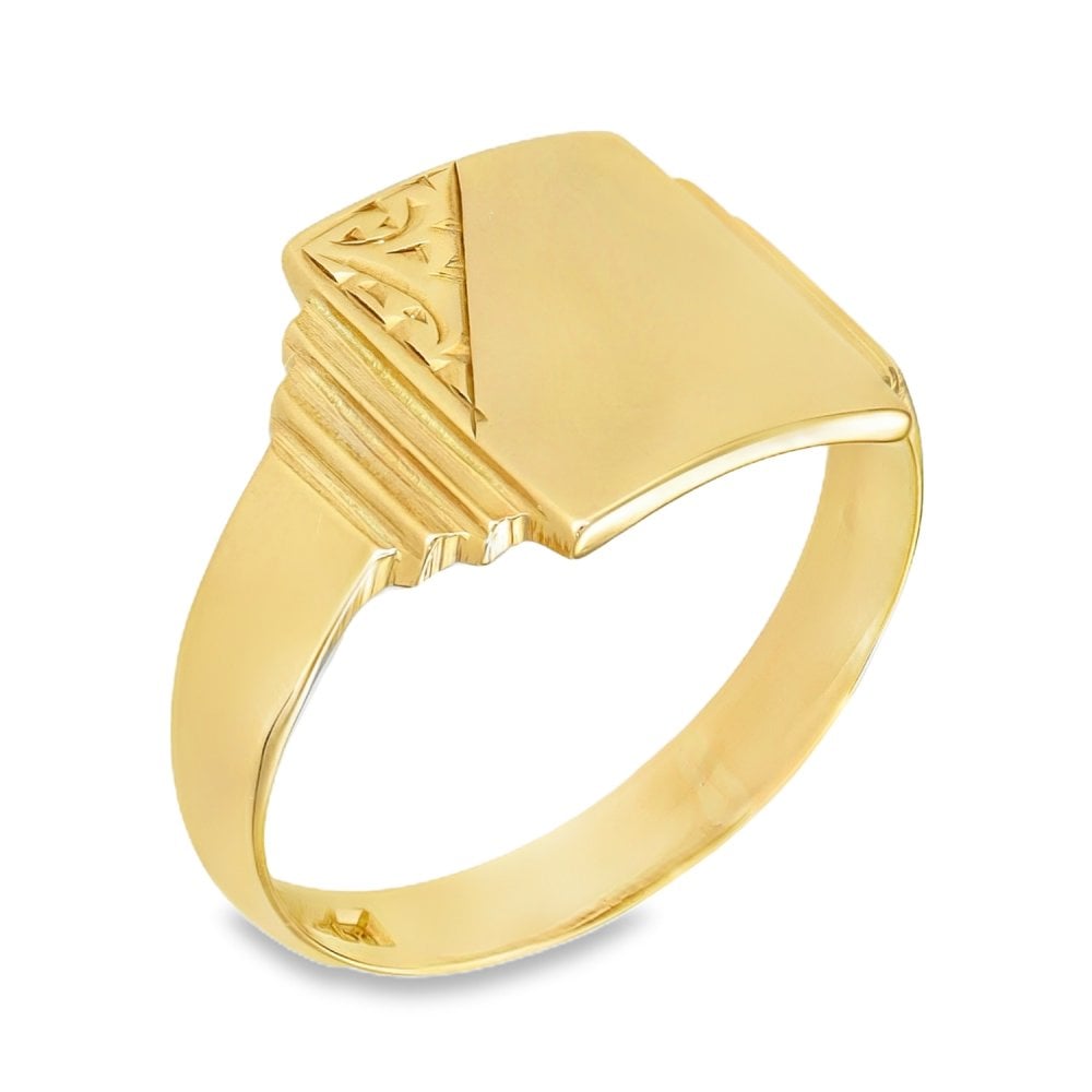 9ct Yellow Gold Rectangular Engraved Signet Ring - Size S½ -13mm