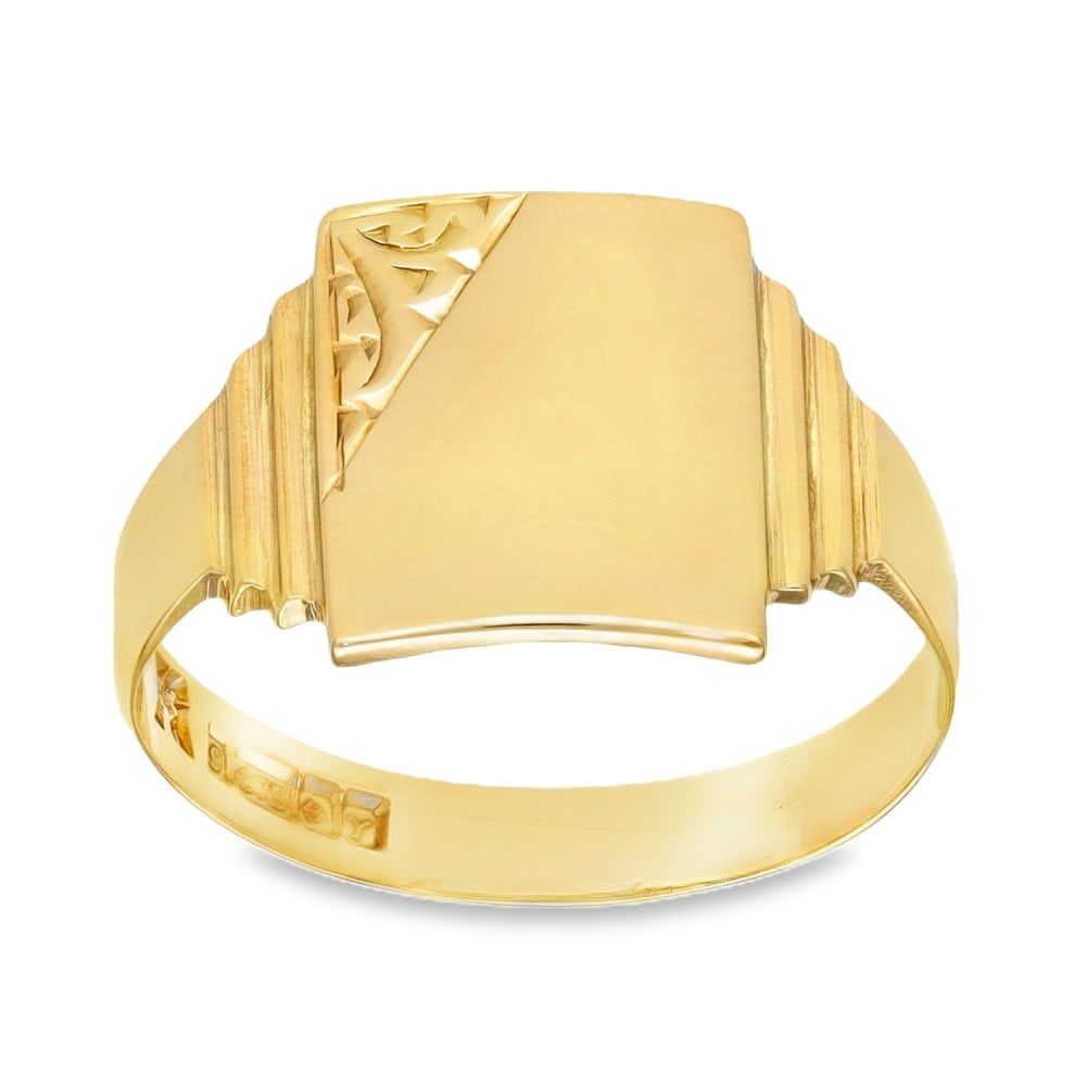 9ct Yellow Gold Rectangular Engraved Signet Ring - Size S½ -13mm