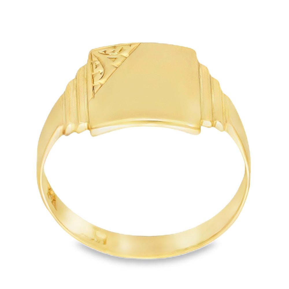 9ct Yellow Gold Rectangular Engraved Signet Ring - Size S½ -13mm