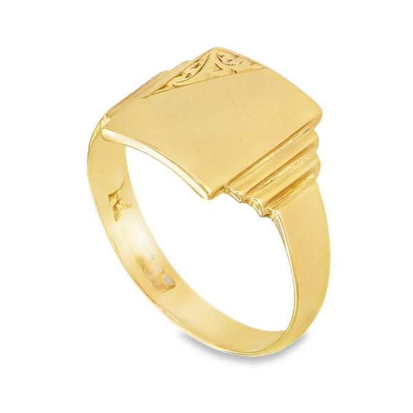 9ct Yellow Gold Rectangular Engraved Signet Ring - Size S½ -13mm