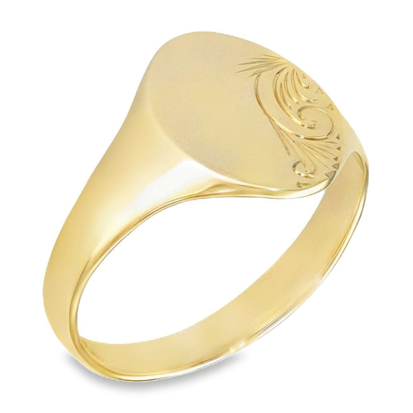 9ct Yellow Gold Feather Engraved Oval Signet Ring -Size T½ -14mm