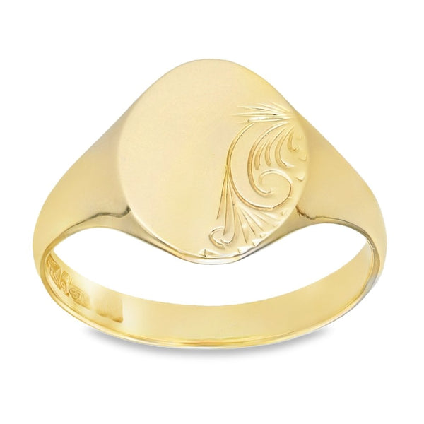 9ct Yellow Gold Feather Engraved Oval Signet Ring -Size T½ -14mm