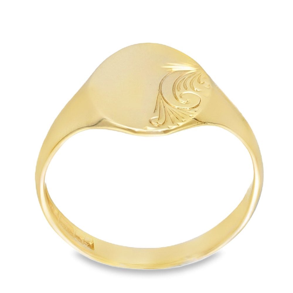 9ct Yellow Gold Feather Engraved Oval Signet Ring -Size T½ -14mm