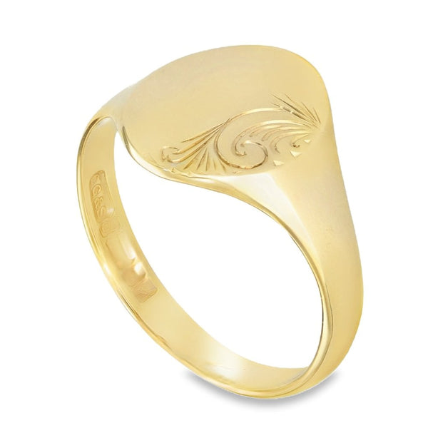 9ct Yellow Gold Feather Engraved Oval Signet Ring -Size T½ -14mm