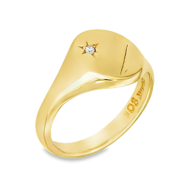 9ct Yellow Gold Oval Diamond Signet Ring - Size X - 14mm