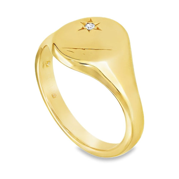 9ct Yellow Gold Oval Diamond Signet Ring - Size X - 14mm