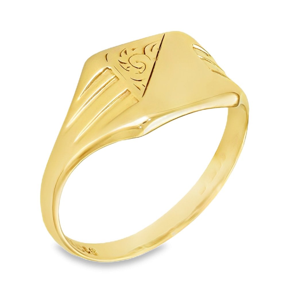 9ct Yellow Gold Half-Engraved Square Signet Ring - Size U - 10mm