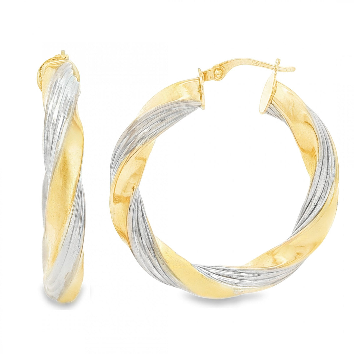 9ct Yellow & White Gold Twist Ribbon Hoop Earrings - 5x36x34mm