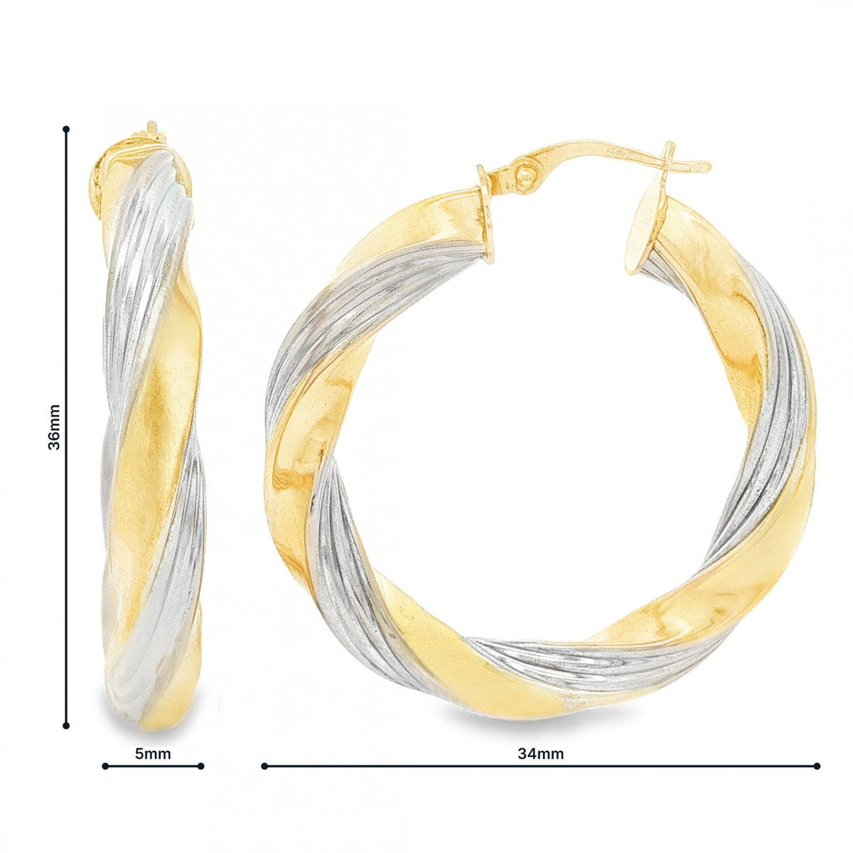 9ct Yellow & White Gold Twist Ribbon Hoop Earrings - 5x36x34mm