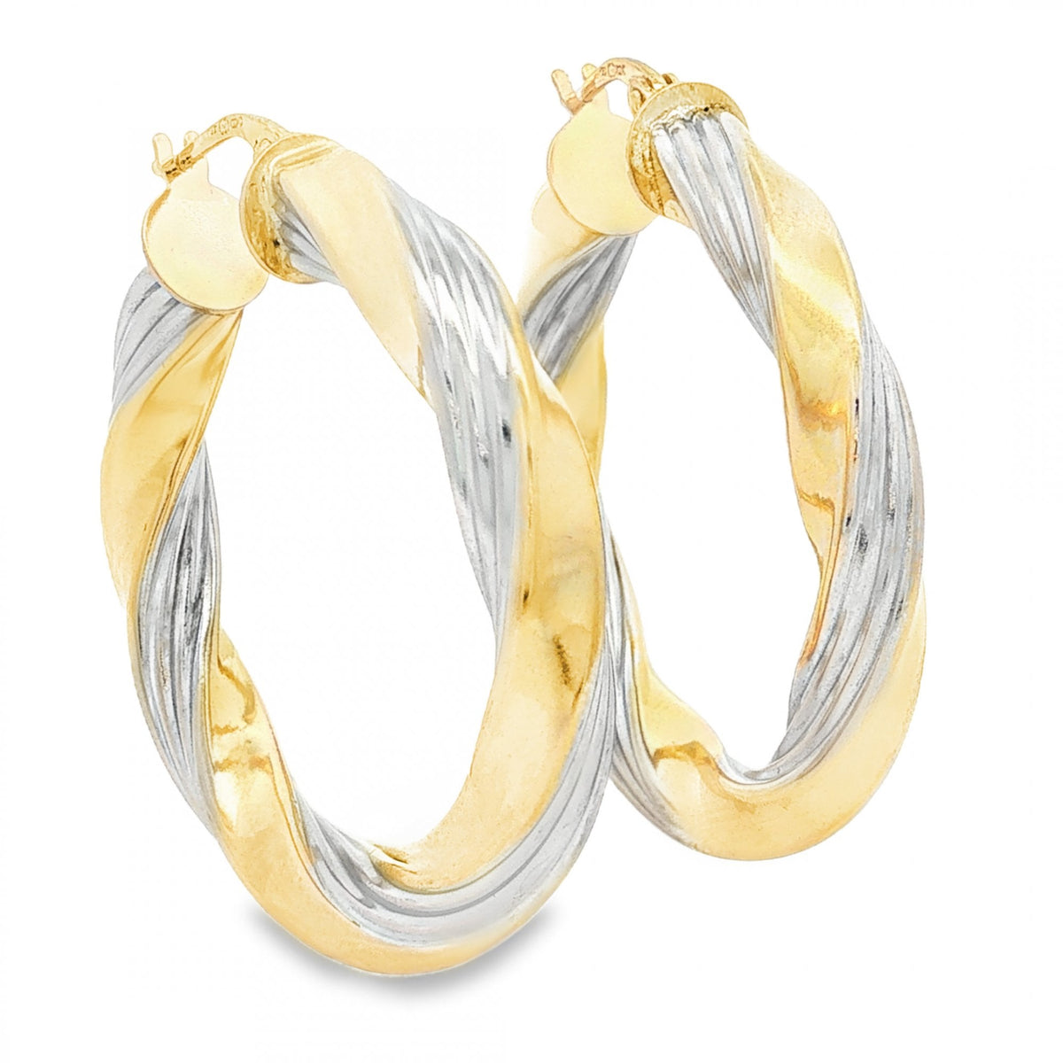 9ct Yellow & White Gold Twist Ribbon Hoop Earrings - 5x36x34mm
