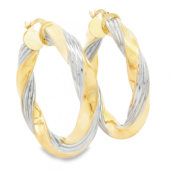 9ct Yellow & White Gold Twist Ribbon Hoop Earrings - 5x36x34mm
