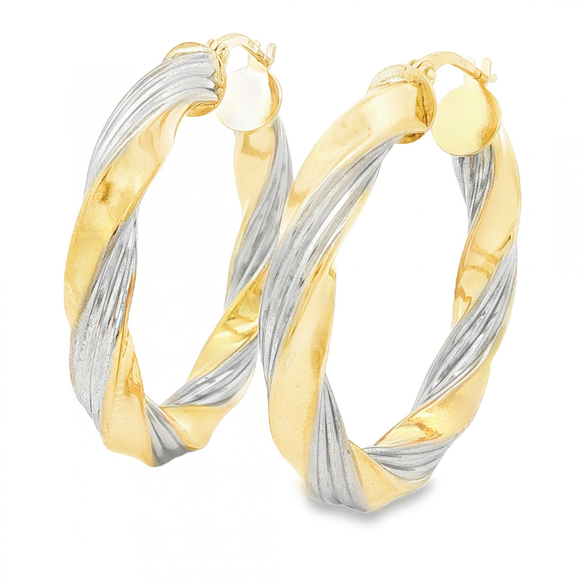 9ct Yellow & White Gold Twist Ribbon Hoop Earrings - 5x36x34mm