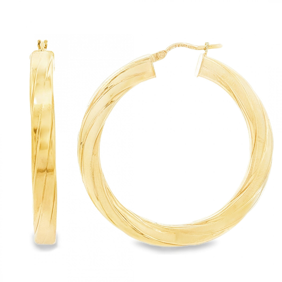 9ct Yellow Gold Square Twist Engraved Hoop Earrings -4.5x39x38mm