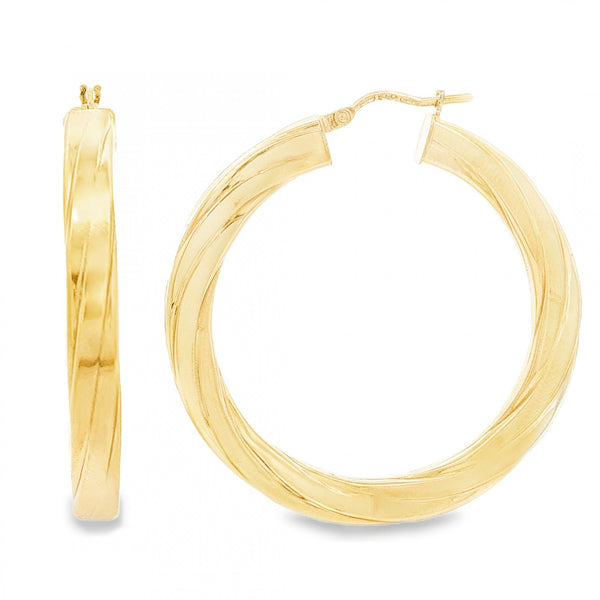 9ct Yellow Gold Square Twist Engraved Hoop Earrings -4.5x39x38mm