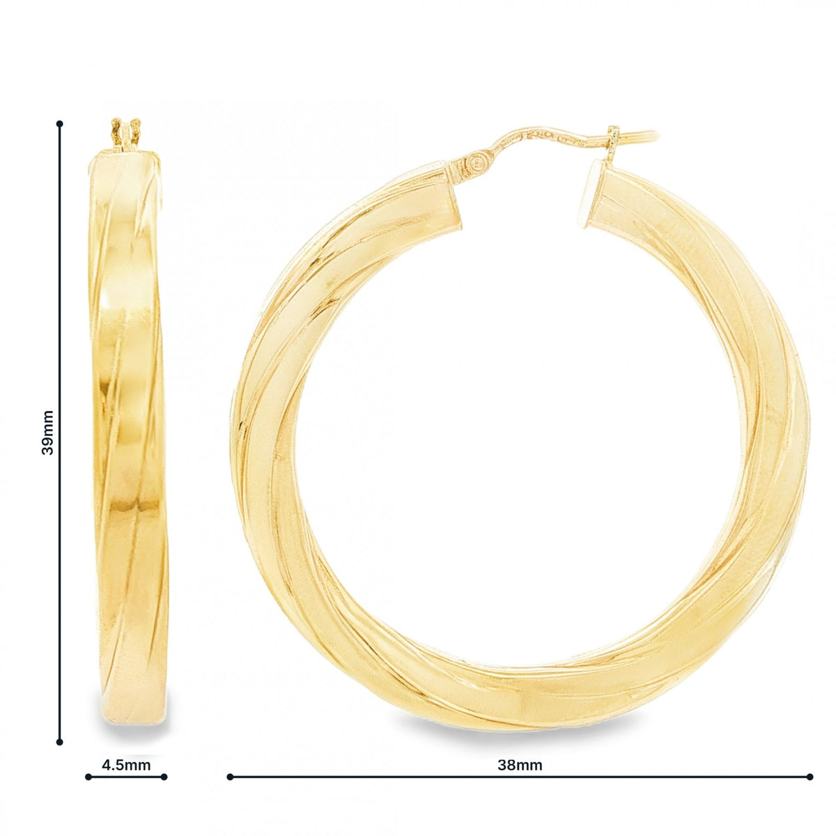 9ct Yellow Gold Square Twist Engraved Hoop Earrings -4.5x39x38mm
