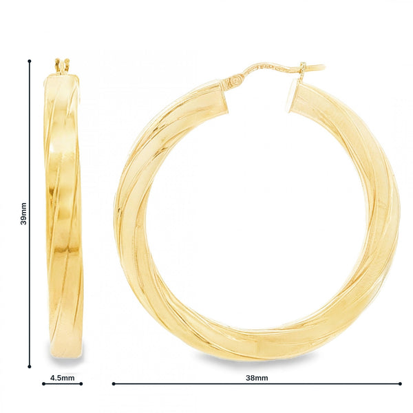 9ct Yellow Gold Square Twist Engraved Hoop Earrings -4.5x39x38mm