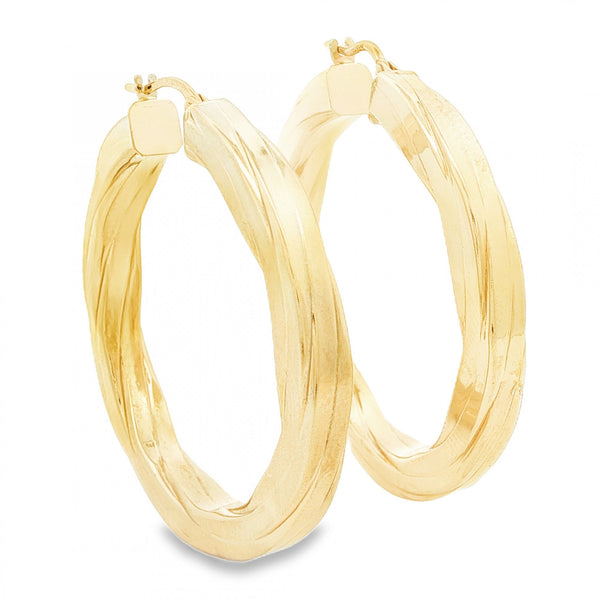 9ct Yellow Gold Square Twist Engraved Hoop Earrings -4.5x39x38mm
