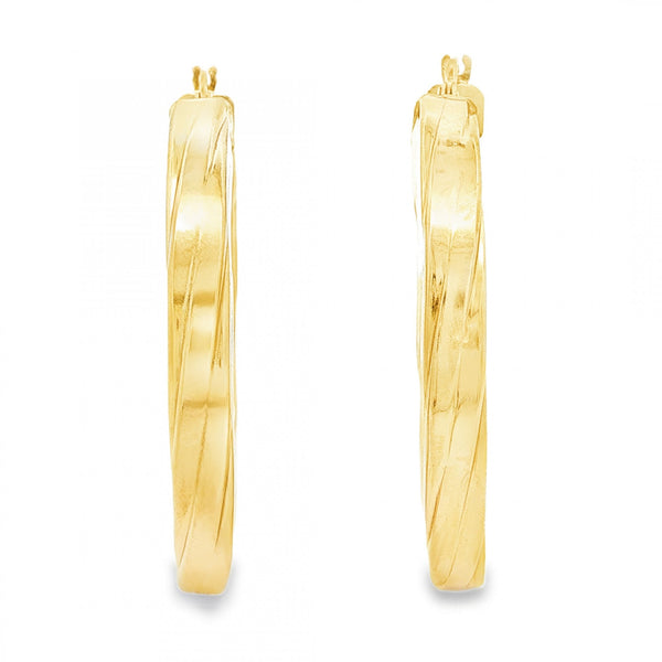 9ct Yellow Gold Square Twist Engraved Hoop Earrings -4.5x39x38mm