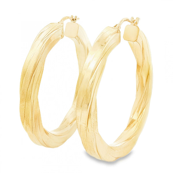 9ct Yellow Gold Square Twist Engraved Hoop Earrings -4.5x39x38mm