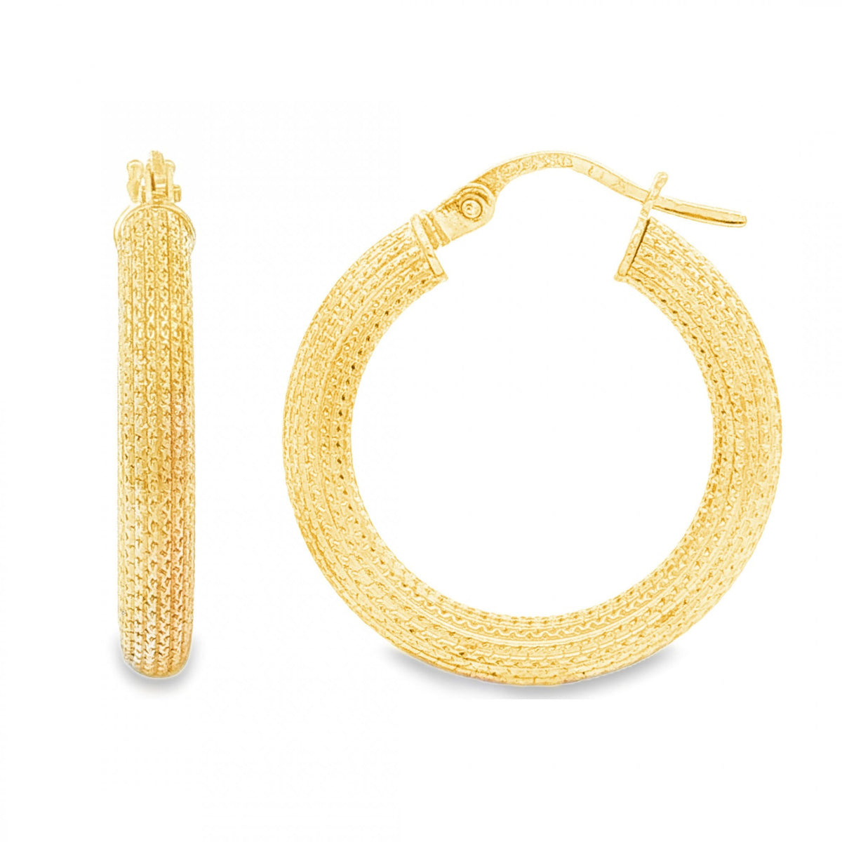 9ct Yellow Gold Patterned Tube Hoop Earrings - 3x22x21mm - 1.3g